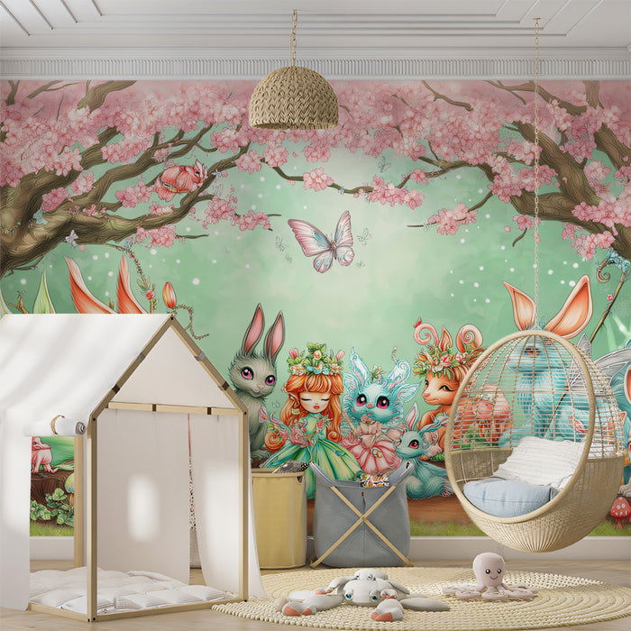 Murales del Giardino delle Conigliette Incantate | Scena di Foresta Fatata Pastello con Conigliette Fate