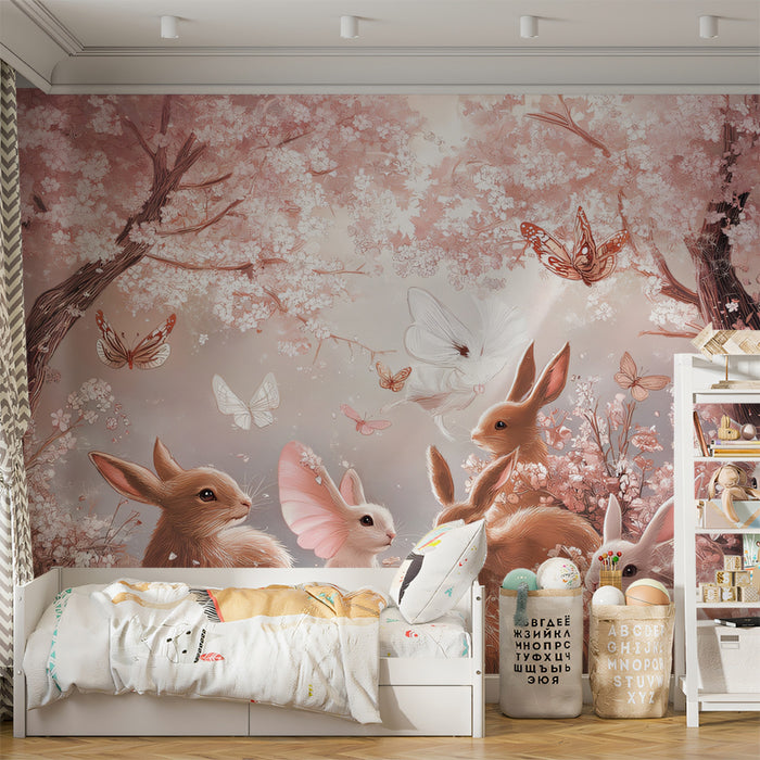 Papier peint de prairie aux lapins sakura | Scène boisée douce en rose poudré et crème
