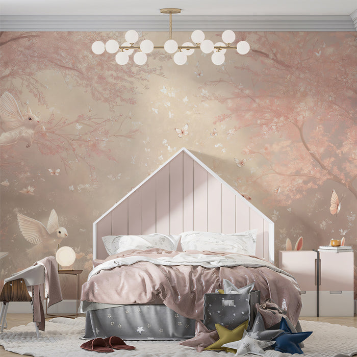 Blush Forest Bird & Bunny Mural | Tranquil Sakura Woodland Wall Art