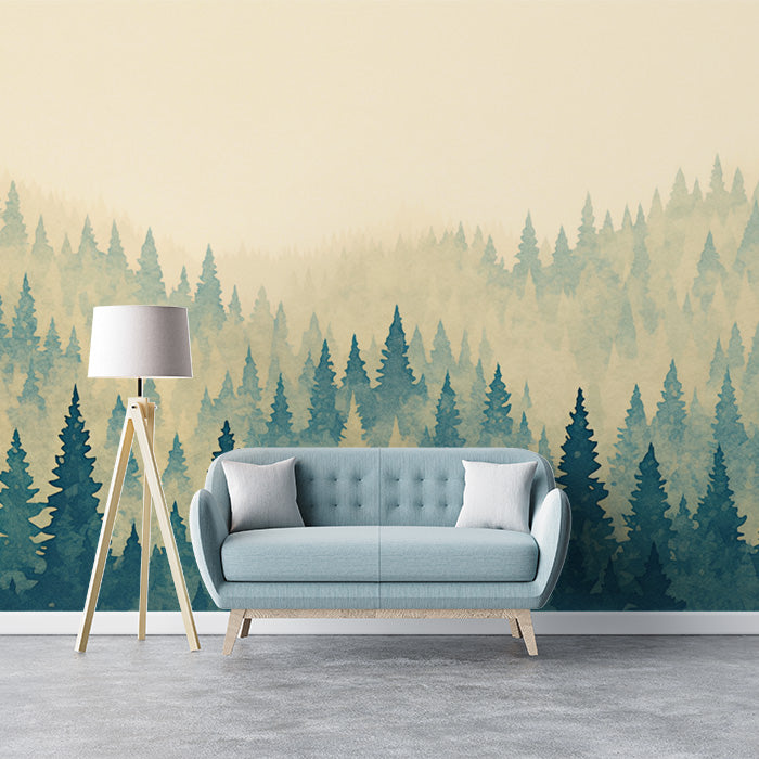 Misty Forest Wandbildtapete | Grün, Blau und Beige Wald -2