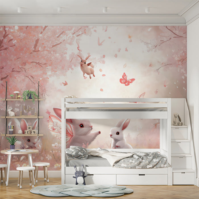 Mural de hada conejita en flor | Fantasía de pétalos rosas con alas y mariposas