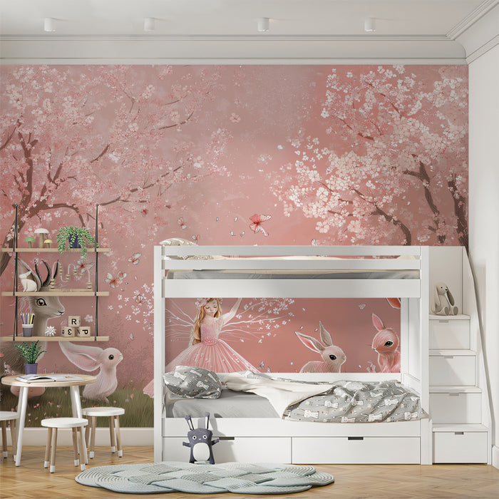Enchanted Cherry Blossom Forest Mural | Fairy Princess & Woodland Friends