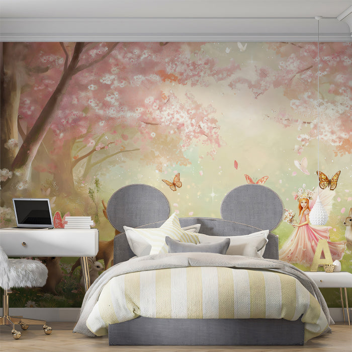 Garden Fairy Mural Wallpaper | Light Fantasy Forest with Deer and Blossoms