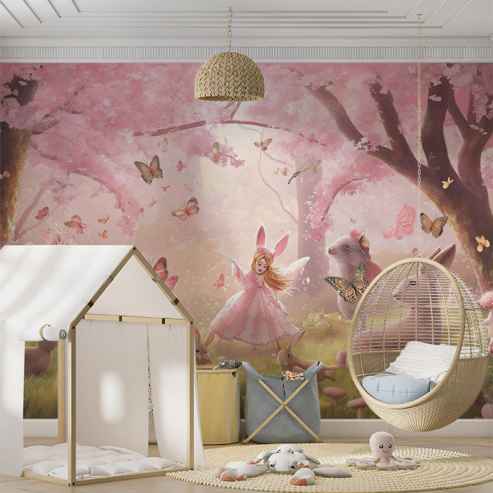 Mur Mural de la Forêt des Lapins du Pays des Merveilles Rose | Verger Magique de Cerceaux avec Fille Fée