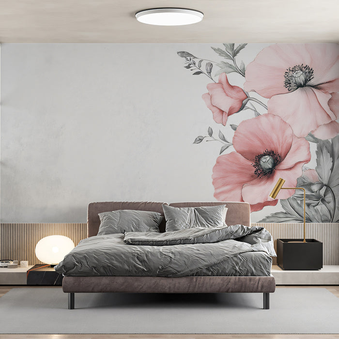Pink Peony Flower Wallpaper | Minimal Floral Mural with Sketch Style