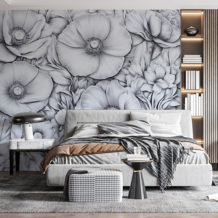 Monochrome Peony Field Mural | Hand-Drawn Botanical Wall Art