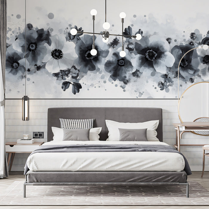 Watercolor Ink Floral Wallpaper | Abstract Monochrome Peonies on White