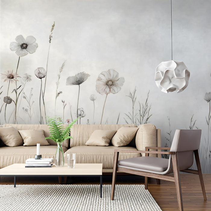Wild Meadow Floral Mural | Soft Neutral Field Flowers with Vintage Look