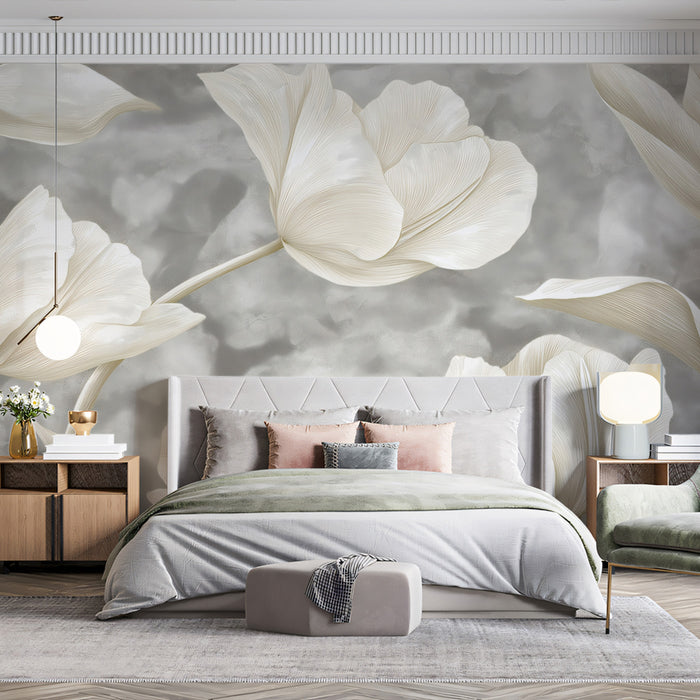 Cream Tulip Wallpaper Mural | Elegant Neutral Floral Design on Gray Background