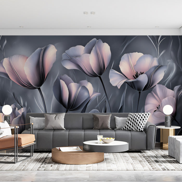 Murales di Tulipano Rosa Malinconico | Giardino Notturno Drammatico con Accenti Rosati