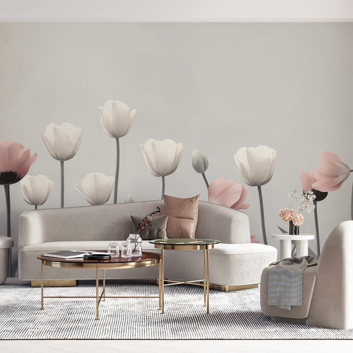 Papier peint du jardin de tulipes douces | Champ minimaliste pastel avec des fleurs roses et blanches