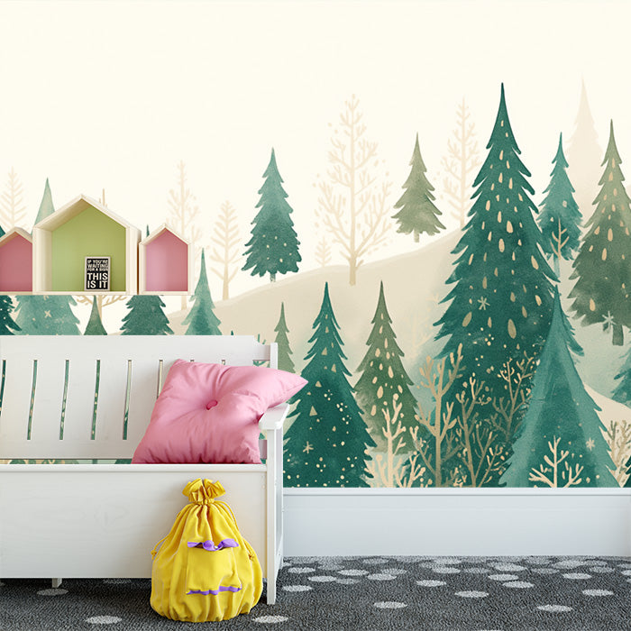 Papel tapiz mural de árbol de pino del bosque invernal – Decoración de pared de bosque nórdico