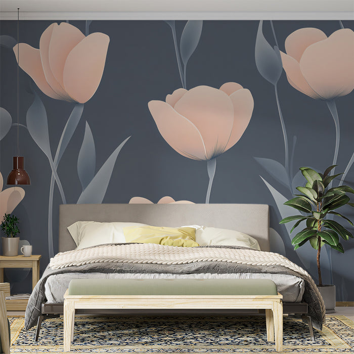 Murale floreale con petali di pesca | Tulipani astratti delicati su sfondo antracite
