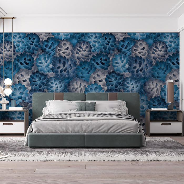Blue Chrysanthemum Bloom Wallpaper | Bold Floral Mural with Gradient Petals