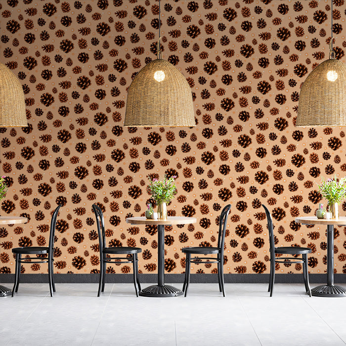 Mini Brown Pinecones on Soft Peach | Fine Repeat Rustic Wallpaper