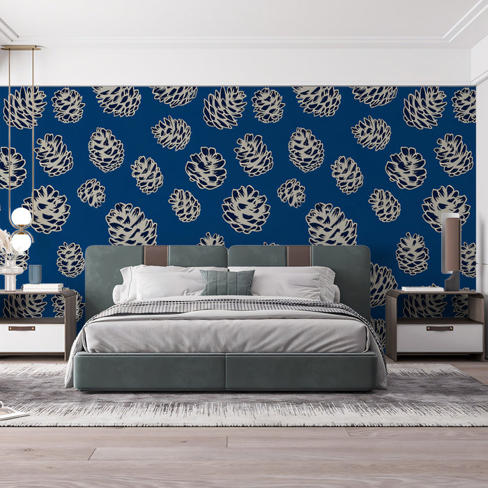 Midnight Pine Motif | Ivory Cones on Deep Blue Canvas