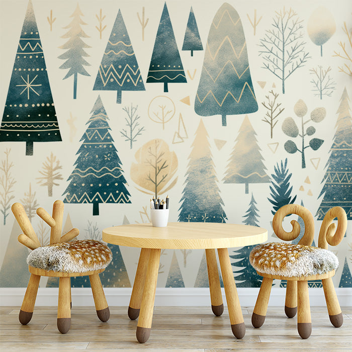 Scandinavian Forest Tree Pattern Kids Wallpaper – Winter Woodland Mural