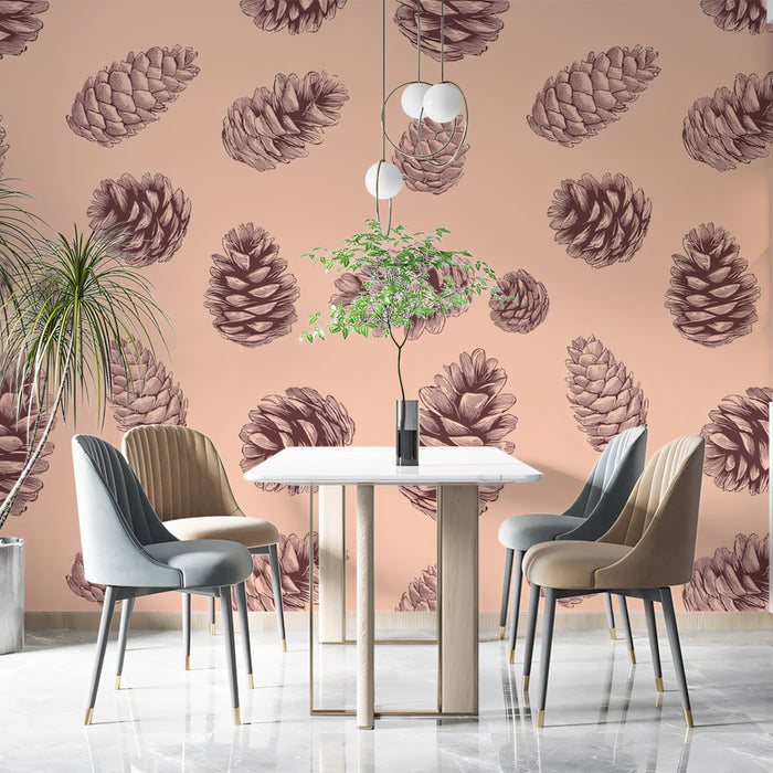 Soft Etching Pinecone Wallpaper | Hand-Sketched Brown Cones on Peach