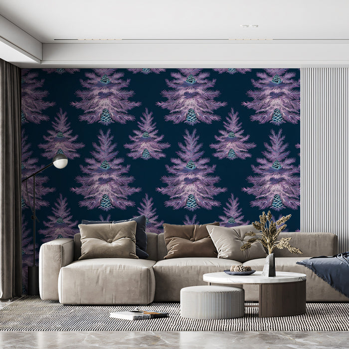 Pine Mist Harmony | Frosted Lavender Tree Repeat Pattern
