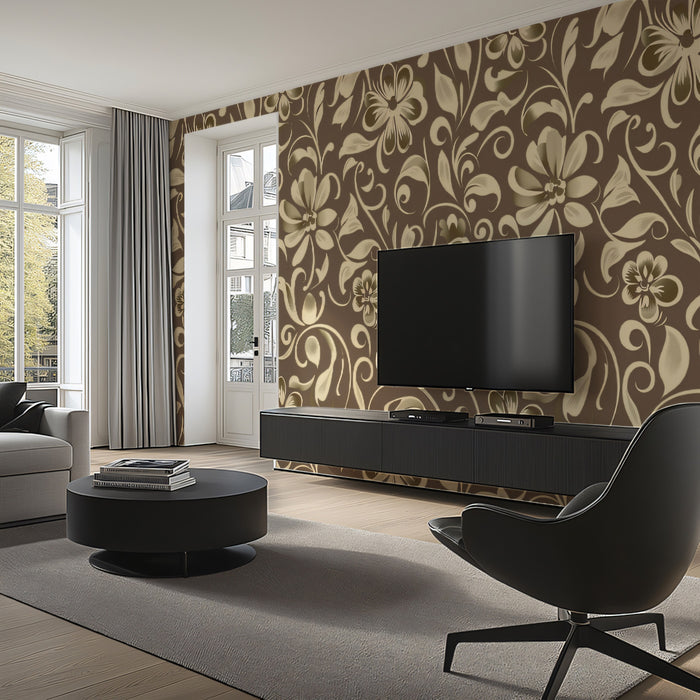 Golden Cocoa Florals | Baroque Botanical Scroll Wallpaper