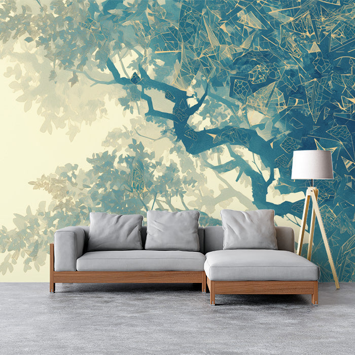 Abstrakter Baum mit geometrischen Details Wandtapete | Blau, Grün und Beige