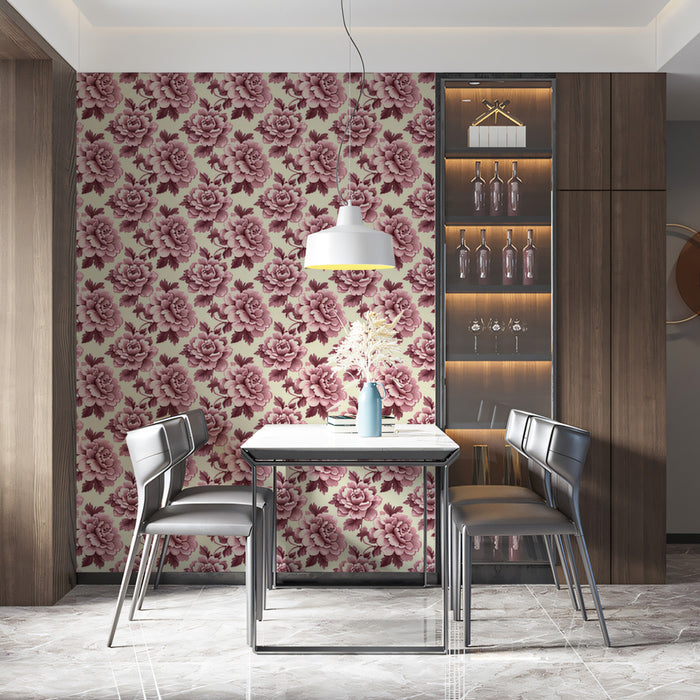 Delicato Muro a Fondo con Motivo di Rosa e Peonia | Testura Floreale Classica Sottile