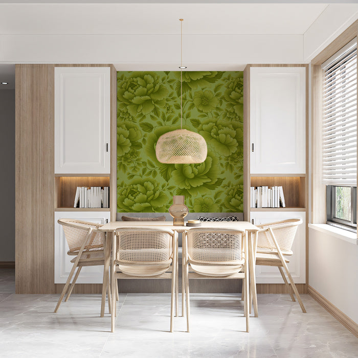 Fresh Lime Peony Serenity Mural Wallpaper | Monochromatic Botanical Bliss