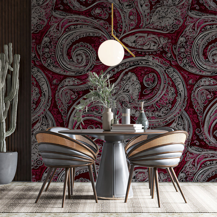 Papier peint mural à motifs de brocart bordeaux royal | Volutes ornées et luxurieuses