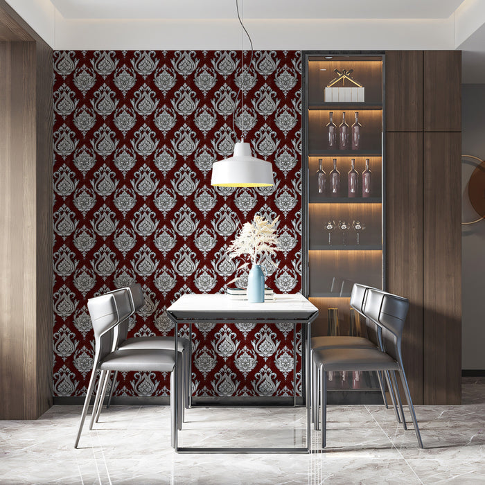 Regal Ikat Medallion Mural Wallpaper | Intricate Burgundy Grid