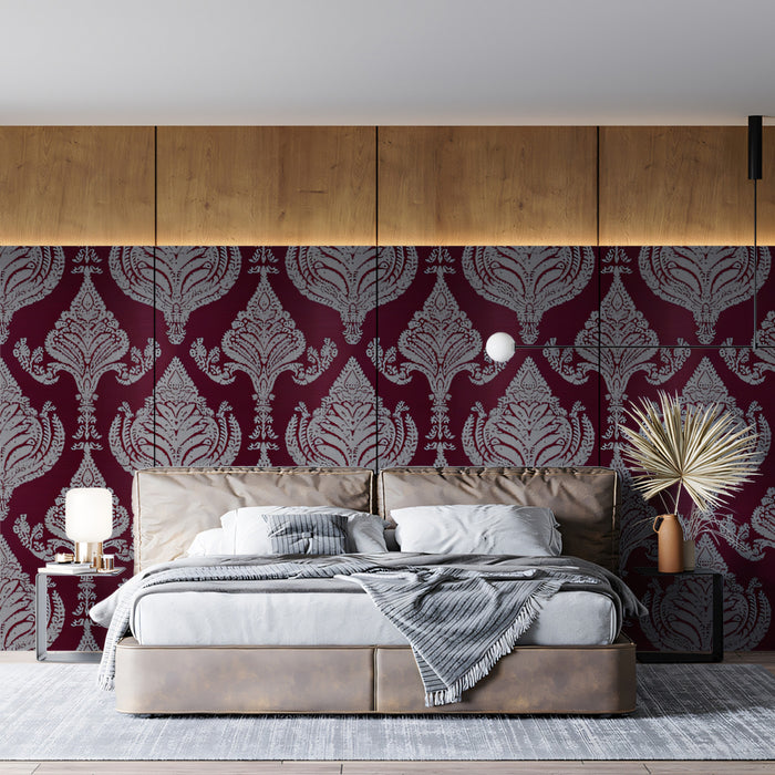 Tappezzeria murale in raso bordeaux damasco lussuoso | Eleganza tessile radiosa