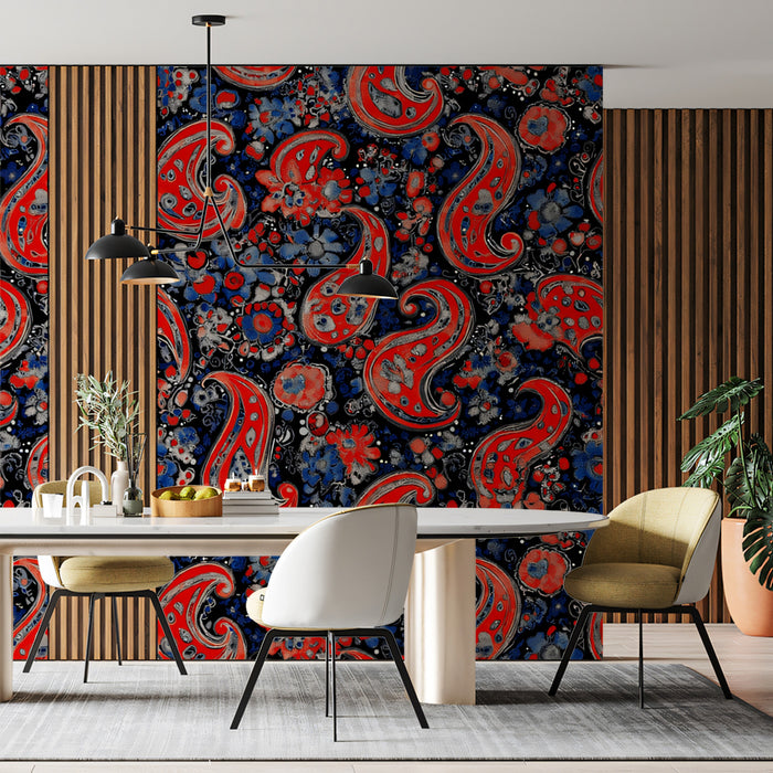 Fiery Paisley Tapestry Mural Wallpaper | Vibrant Eclectic Burst