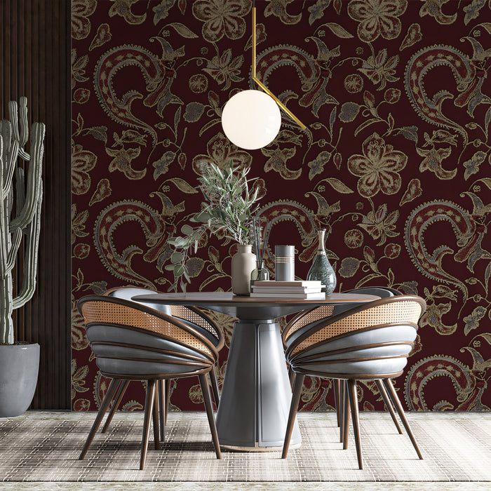 Art Deco Batik Florale & Paisley Muro di Parete in Vinaccia | Artigianale Fascino Borgogna