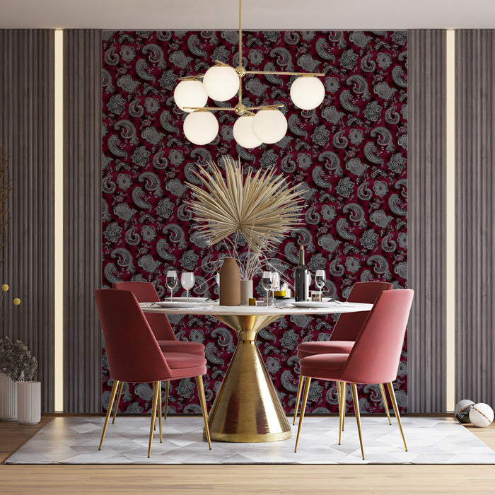 Intrecciato Argento Paisley Swirl Muro di Parete a Carta da Parati | Testura Borgogna Charme