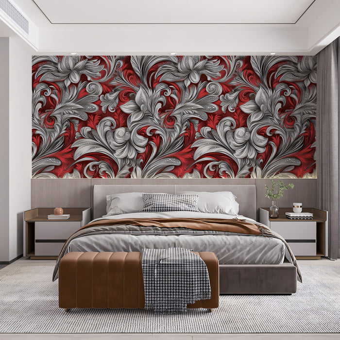 Grand Scarlet Scrollwork Mural Wallpaper | Baroque Opulence & Dynamic Blooms