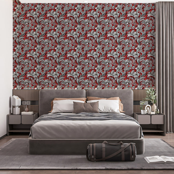 Intricate Silver Scrollwork Mural Wallpaper | Refined Red Opulence