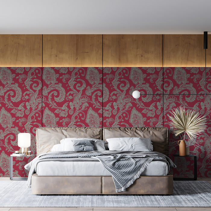 Eleganza Classica Paisley Muro Murale con carta da parati | Grigio Sottile su Magenta Vivace
