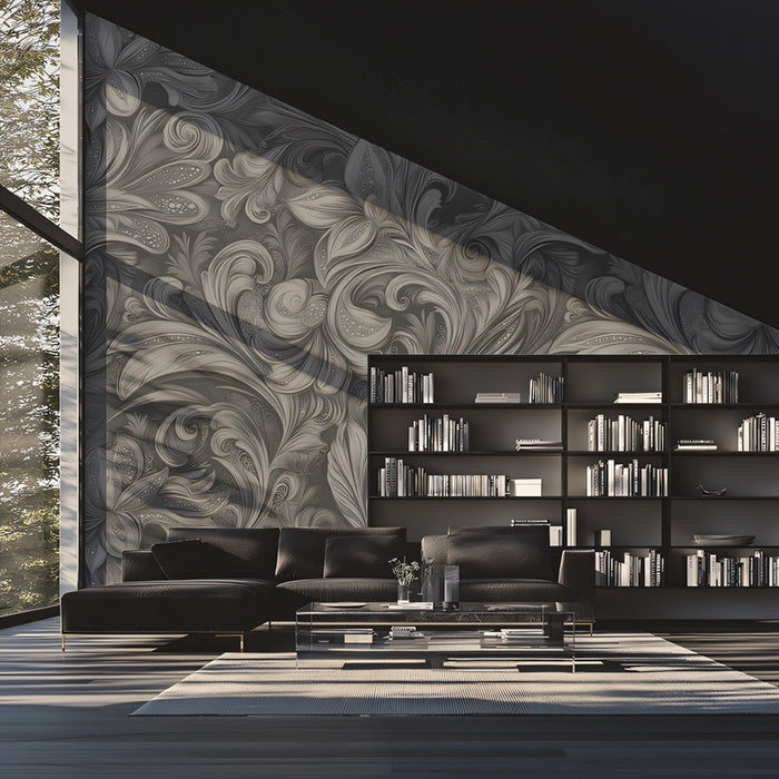 Sculpted Greyscale Flora Mural Wallpaper | Monochromatic Ornate Elegance