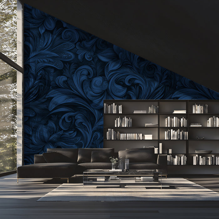 Regal Navy Velvet Scroll Mural Wallpaper | Deep Luxurious Opulence