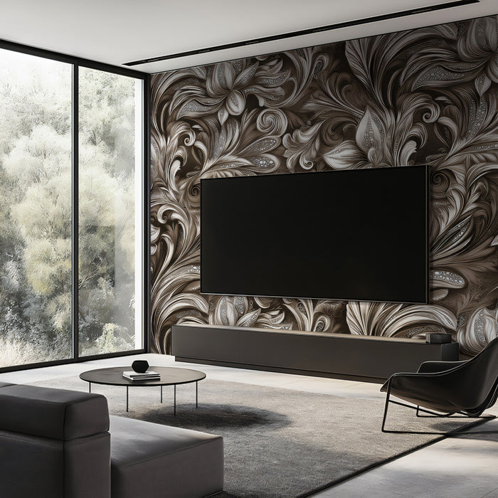 Antique Engraved Floral Mural Wallpaper | Sepia Baroque Grandeur
