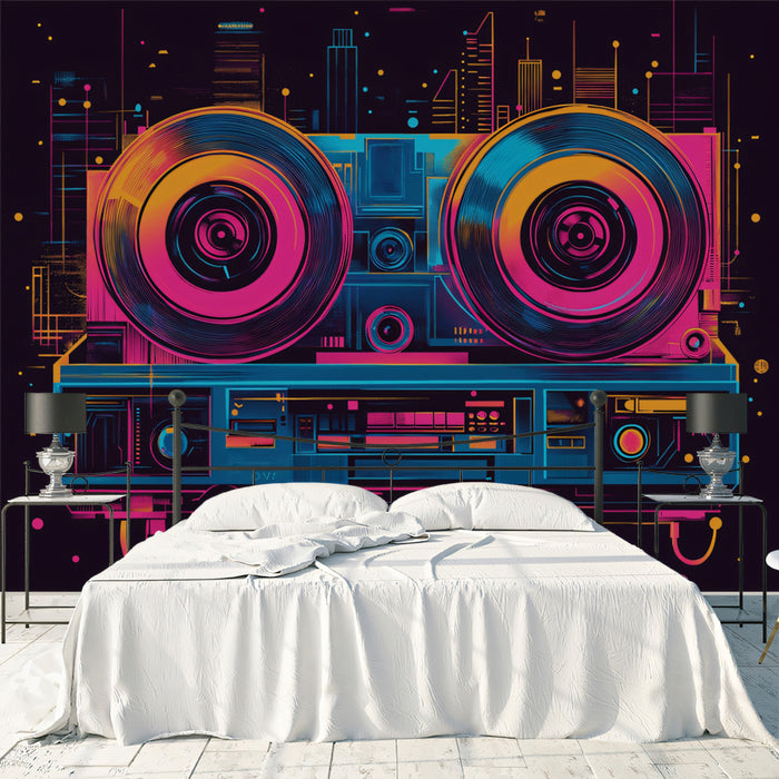 Neon Reel-to-Reel Cityscape Mural Wallpaper | Retro-Futuristic Groove