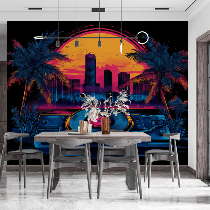 Muro murale o sfondo del giradischi tramonto di Miami | Vibrazioni iconiche retro-futuristiche
