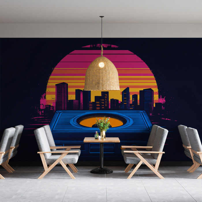 Synthwave Audio Sonnenuntergangsmural-Wandbild | Minimalistisches Retro-Stadtbild