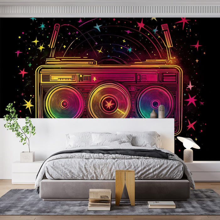 Muro party Cosmic Boombox | Sfondo murale a stella brillante e neon vibrante