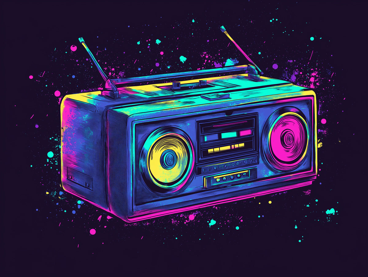Neon Vaporwave Boombox Mural Wallpaper | Electric Retro Street Art