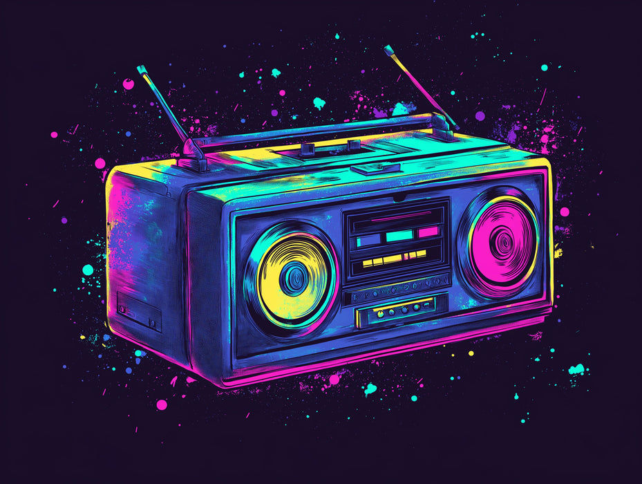 Neon Vaporwave Boombox Mural Wallpaper | Electric Retro Street Art