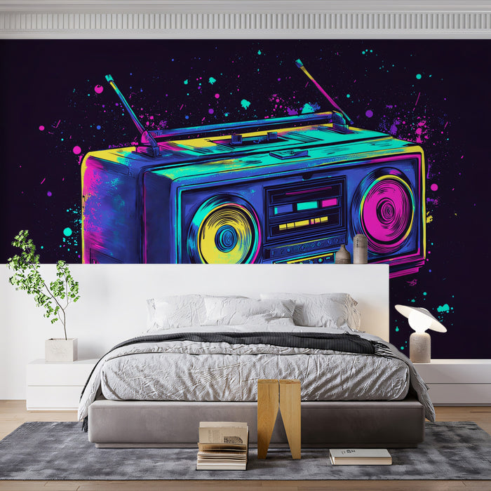 Neon Vaporwave Boombox Mural Wallpaper | Electric Retro Street Art