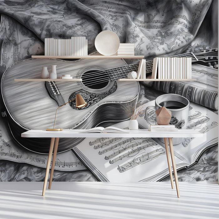 Graphite Guitar Melody Mural Wallpaper | Artistic Monochromatic Harmony