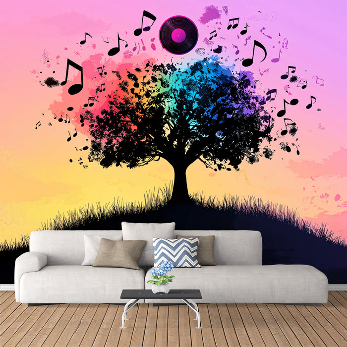 Papel tapiz mural de árbol de notas musicales flotantes | Ascenso etéreo melódico