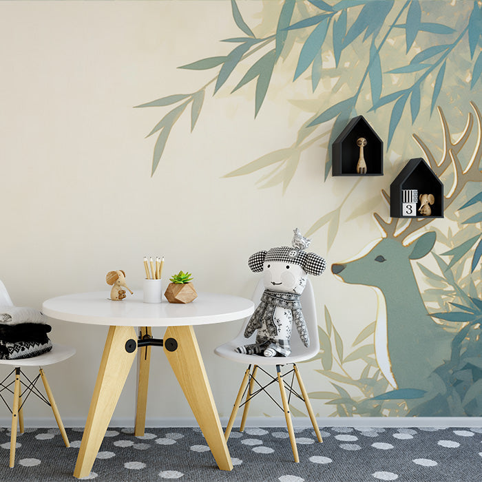 Carta da parati murale con cervi e bambù | Verde blu e beige bambù e cervi