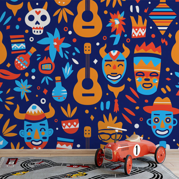 Mariachi Fiesta Guitar Mural Wallpaper | Vibrant Cultural Harmony